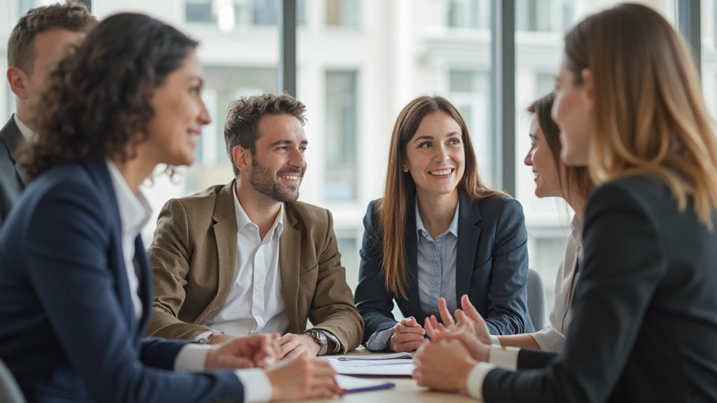 Profesionálna fotografia skupiny ľudí v rozhovore v modernej kancelárskej miestnosti