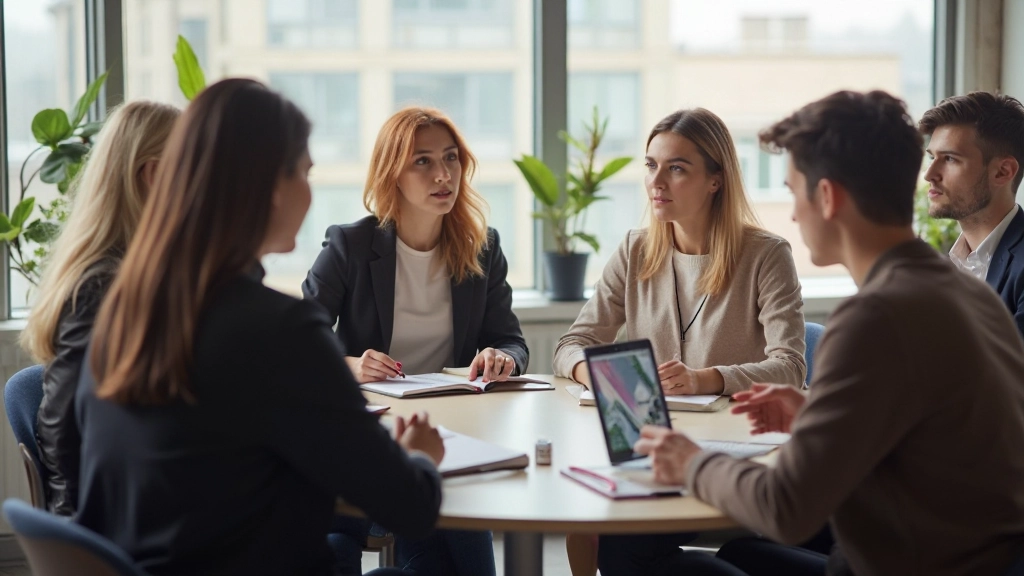 Skupina študentov diskutujúca pri okrúhlom stole v triede