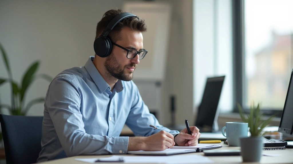 Profesionálny muž počúvajúci nahrávku na slúchadlách a robí si poznámky