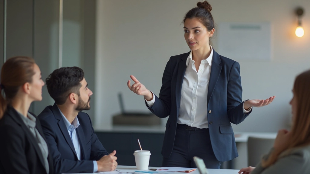 Profesionálka pri vedení prezentácie počas interaktívneho workshopu s kolegami v pozadí